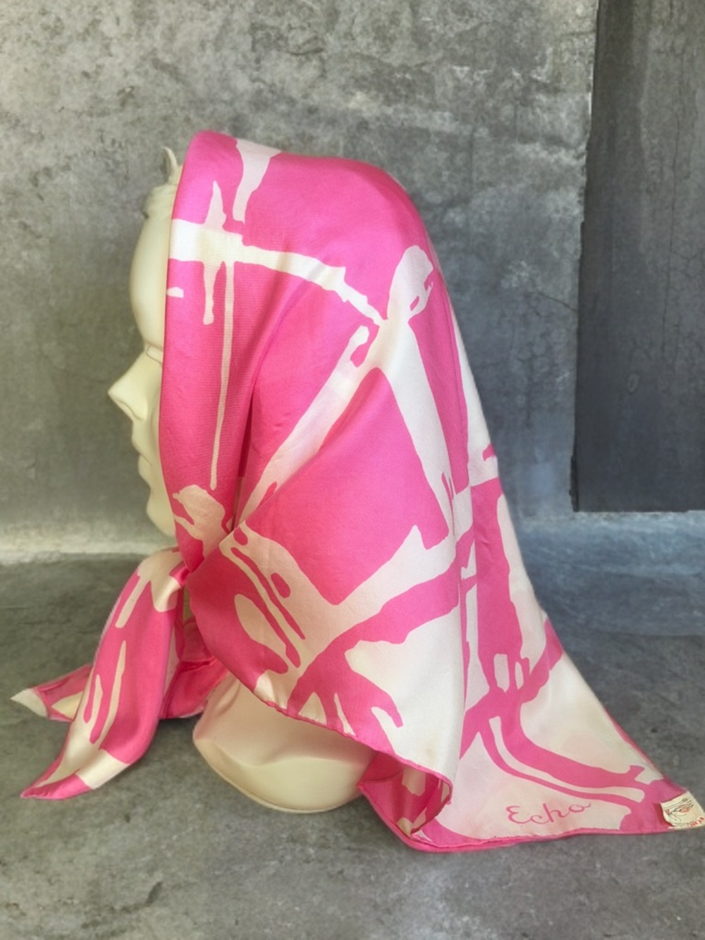 Vintage Echo Pink & White Abstract Silk Scarf -Deadstock
